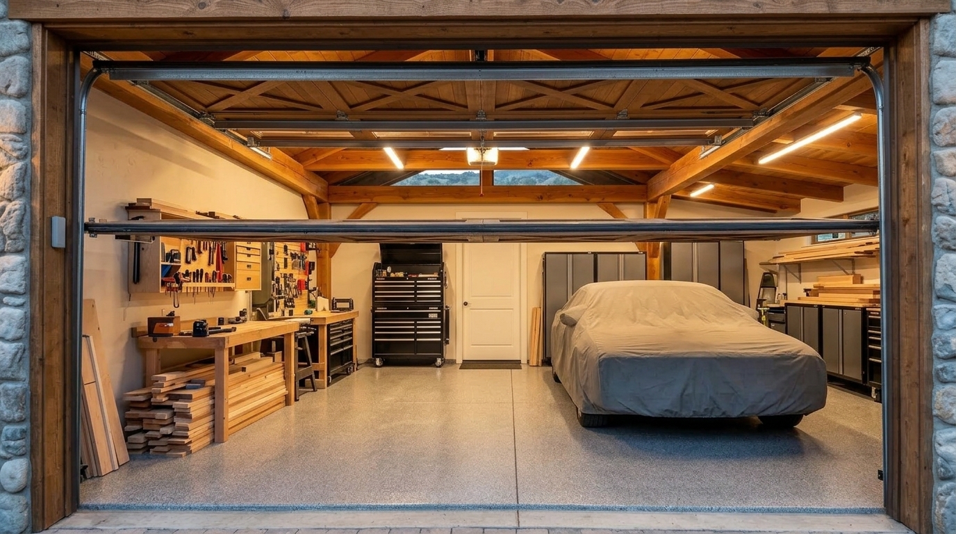 El Dorado Hills Garage Door Service Interior View of Custom Garage Door Overhead and Workshop
